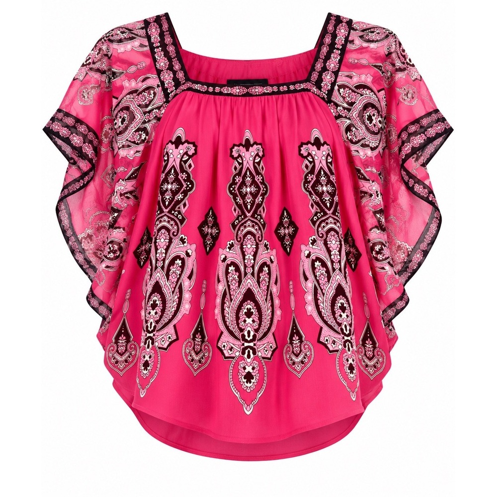 INC International Concepts Pink Paisley Butterfly Sleeve Square Neck Top Medium